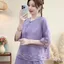 2025 Rời Thêu Vải Lanh Cotton Top Quần Áo Nữ Văn Học Nút Phong Cách Dân Tộc Màu Sắc Tương Phản Ba Phần Tư Tay Áo Thun 5.26