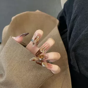 W Cà Phê Mùa Đông Lá Phong Viền Đỏ Handmade Pháp Gradient Mắt Mèo Melade Màu Móng Tay Có Thể Đeo Được Miếng Dán