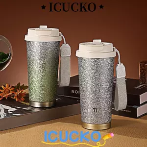 Cốc Titan Cao Cấp ICUCKO, Cốc Cách Nhiệt Dung Tích Lớn 520ml, Cốc Rơm Nhăn Đôi