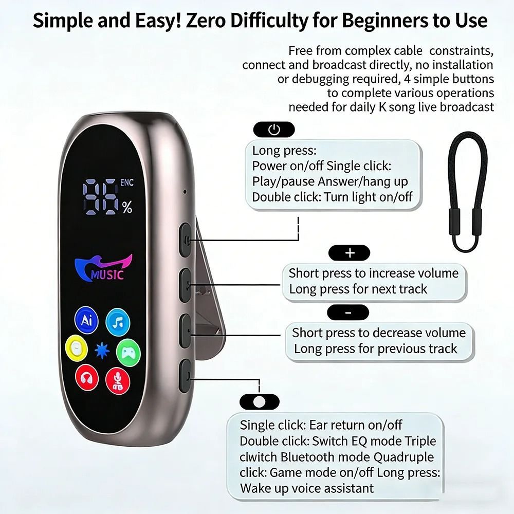NOTE1 Tai nghe kẹp, Tai nghe đeo cổ Lavalier HD Mic Bluetooth 5.4, Giảm tiếng ồn Màn hình màu Hỗ trợ thẻ TF Tai nghe chơi game K Song