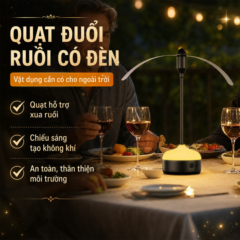 Quạt Bàn Đuổi Muỗi – Đèn Vàng, Cánh Mềm, Pin AA, IPX4 Dùng Nhà Hàng Ngoài Trời & Cắm Trại