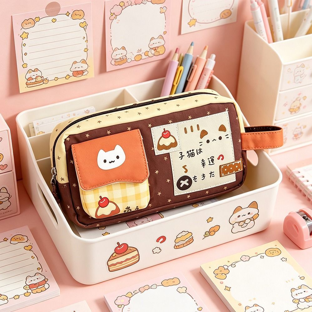Bút Chì THFENG, Túi Đựng Bút Mèo Con Pudding Di Động, Dây Kéo Phong Cách Hàn Quốc Dung Tích Lớn Túi Văn Phòng Phẩm Quà Tặng