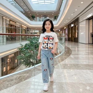 bộ đi học bé gái áo phông quần bò 22-45kg, set sơ mi kèm quần jean siêu mềm bé gái 7-15 tuổi berie