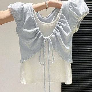 Set Áo Thun Nữ 2 Lớp Tay Phồng Buộc Dây Xếp Ly Croptop Ôm Dáng Tiểu Thư Hàn Quốc Mùa Hè