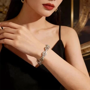 Vòng tay bạc họa tiết đồng xu may mắn: Kích thước có thể điều chỉnh Biểu tượng giàu có Trang sức dành cho nữ