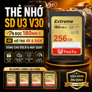 Thẻ Nhớ SD U3 V30 – Đọc 180MB/s, Hỗ Trợ 4K & RAW, 32-256GB, Dùng Cho DSLR & Máy Quay