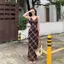 ECK Pháp Retro Kẻ Sọc Suspender Đầm Mùa Hè Nữ Ôm Chữ V Dài Chữ A hông HOT