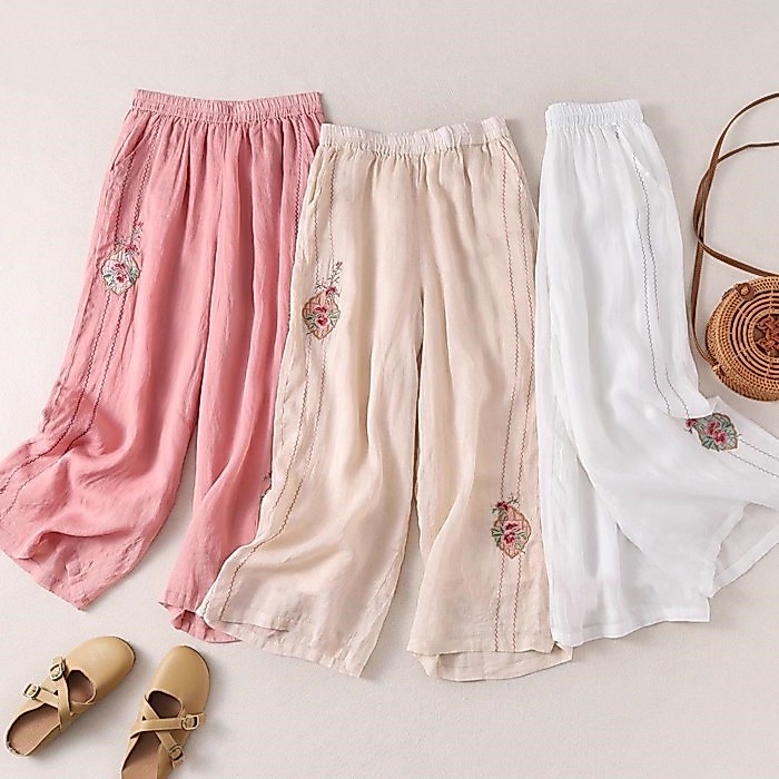 Quần ống rộng cotton và vải lanh thêu, quần ống rộng giảm béo thông thường mỏng mùa hè
