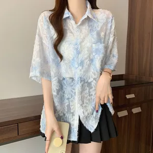 Tay Ngắn Nữ Mùa Hè Đi Lại Mỏng Chống Nắng Áo Sơ Mi Hoa Retro Niche Cardigan POLO Top Áo Hợp Thời Trang