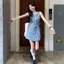 Váy Vest kẻ sọc màu xanh da trời kiểu Pháp Váy không tay kiểu dáng mùa hè