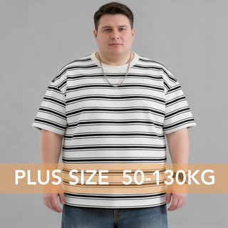 Plus Size Nam Đen Trắng Sọc Tương Phản Jacquard Cotton Áo Thun Ngắn Tay