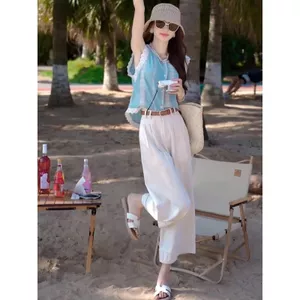 Áo sơ mi không tay dành cho người đàn ông nhỏ mùa hè + Quần ống rộng Thời trang Phong cách phương Tây Giảm tuổi thon gọn hơn Nhìn ôm thịt hai @ -