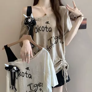 Mùa Hè 2026 Phong Cách Mới Của Mỹ Retro Rách Rời Vai Xếp Ly Áo Thun Ngắn Tay Rời Top INS