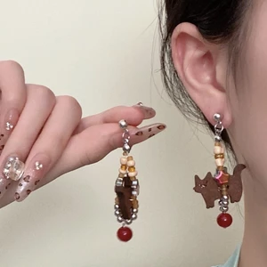 Merad Màu Cà Phê Chó Con Đính Hạt Bông Tai Nữ Mới Phong Cách Trung Hoa Cổ Bông Tai Thiết Kế Niche Retro Phù Hợp Với Bông Tai Hợp Thời Trang