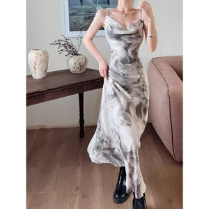Váy dây đeo spaghetti phong cách vẽ mực dành cho nữ, dáng ôm vừa vặn, lệch vai, thanh lịch, bodycon, váy dài đuôi cá