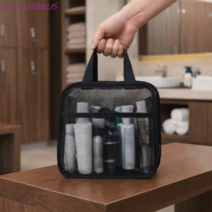 Túi trang điểm lưới JUNYUE88US, Túi trang điểm màu trơn PVC, Dung tích lớn đơn giản có tay cầm Túi đựng đồ vệ sinh thoáng khí dành cho nữ