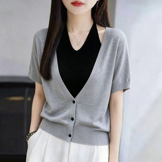 Size Lớn Phong Cách Hàn Quốc Rời Dệt Kim Tay Ngắn Nữ Đơn Giản Đi Lại Ngày Lễ Hai Mảnh Dây Màu Xám Mùa Hè T