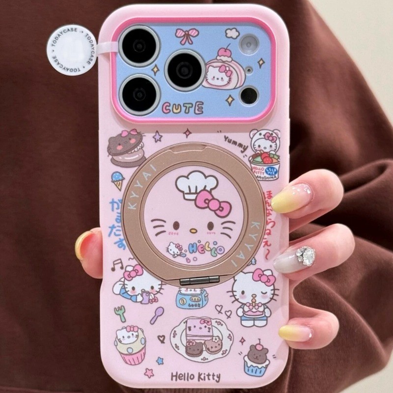 Ốp lưng iPhone Hello Kitty màu hồng kèm đế xoay 360° iP - 11/12/13/14/15/16/17/Plus/Air/Pro/Max