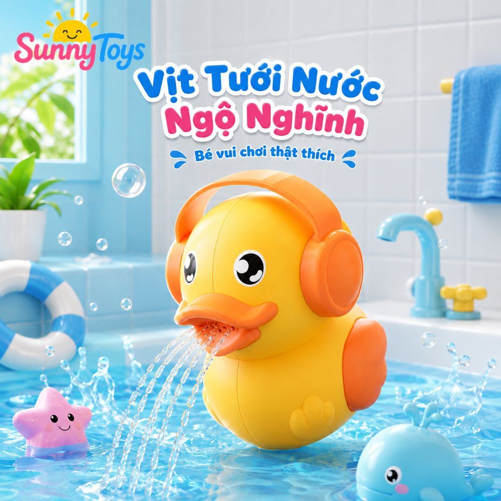 Bộ Đồ Chơi Cát Biển SunnyToys 14 Món - Xô Vịt Vàng, Xẻng Cát Và Bình Tưới Cho Bé