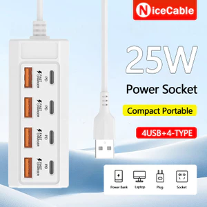 Bộ chuyển đổi điện 25W 8 trong 1 4USB + 4Type C sạc nhanh an toàn, dùng cho ổ cắm, sạc dự phòng, laptop