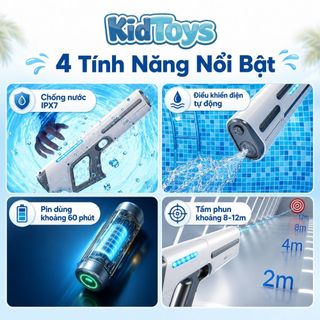Đồ Chơi Phun Nước Điện KidToys Tự Hút Nước - Có Đèn LED, Chống Thấm Cho Bé Chơi Hè