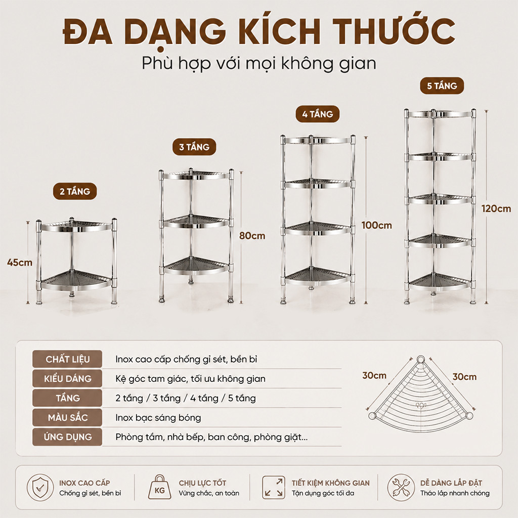 Kệ Inox Góc Nhiều Tầng Đa Năng Lưu Trữ Vật Dụng Phòng Tắm Nhà Bếp Phòng Khách Nhỏ Gọn Tiện Dụng