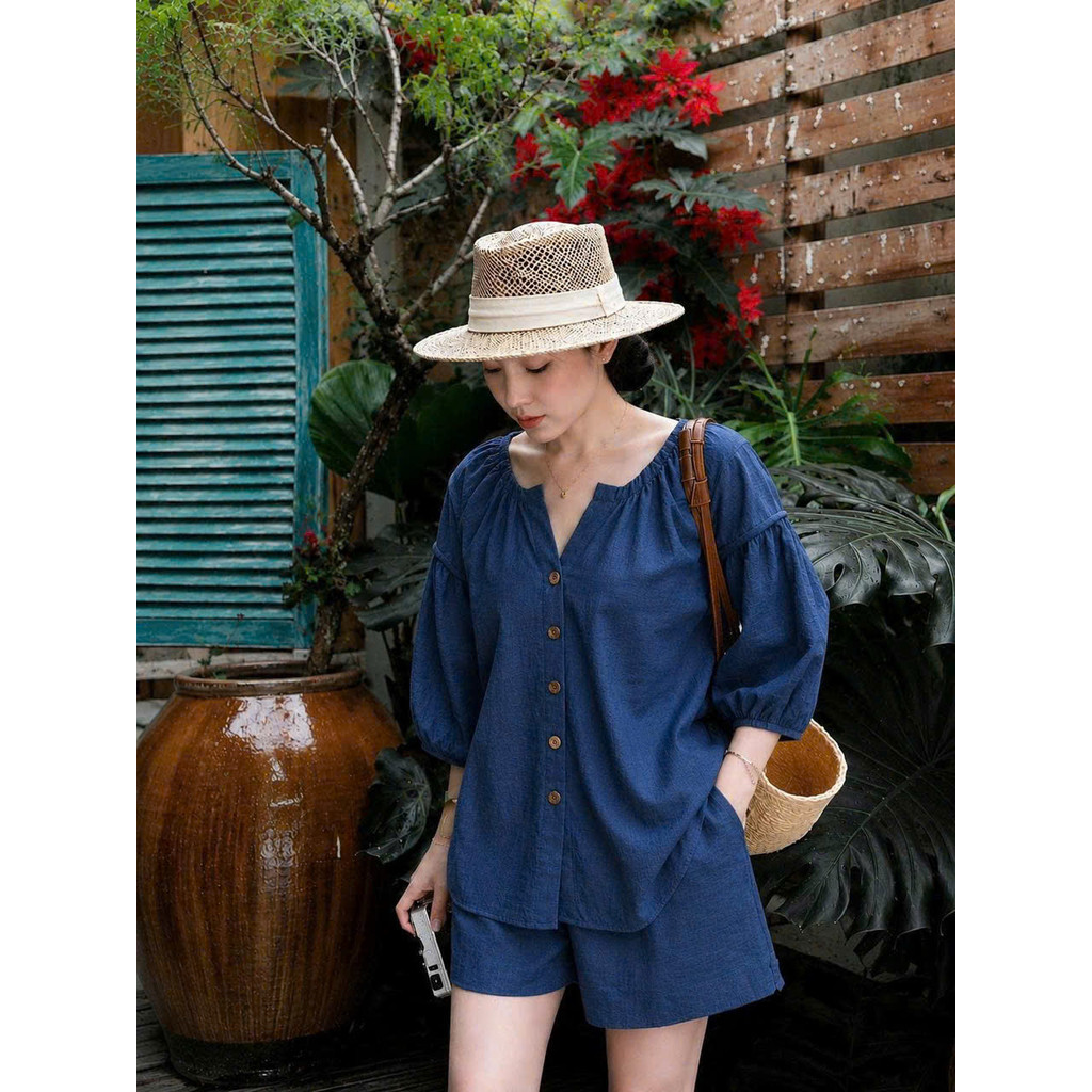 SET Bộ Áo Sơ Mi Tay Phồng Kèm Quần Ngắn Trẻ Trung, Chất Vải Mát, Có Bigsize Cho Chị Em HIYU 66 STORE