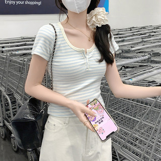 Áo thun ngắn tay sọc cổ chữ U dành cho nữ mùa hè Phong cách mới Slim-fit Slimmer Look Học sinh hàng đầu