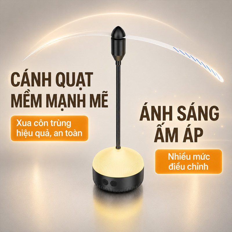 Quạt Bàn Đuổi Muỗi – Đèn Vàng, Cánh Mềm, Pin AA, IPX4 Dùng Nhà Hàng Ngoài Trời & Cắm Trại