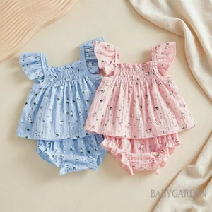 Bé Gái Mùa Hè Bộ Bay Tay Cổ Vuông In Hoa Áo Và Quần Short Co Giãn Eo Bloomer
