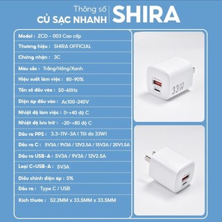 Củ sạc nhanh SHIRA 30W, Công nghệ sạc nhanh, Đầu sạc A+C, tiện dụng, nhỏ gọn, tiện lợi