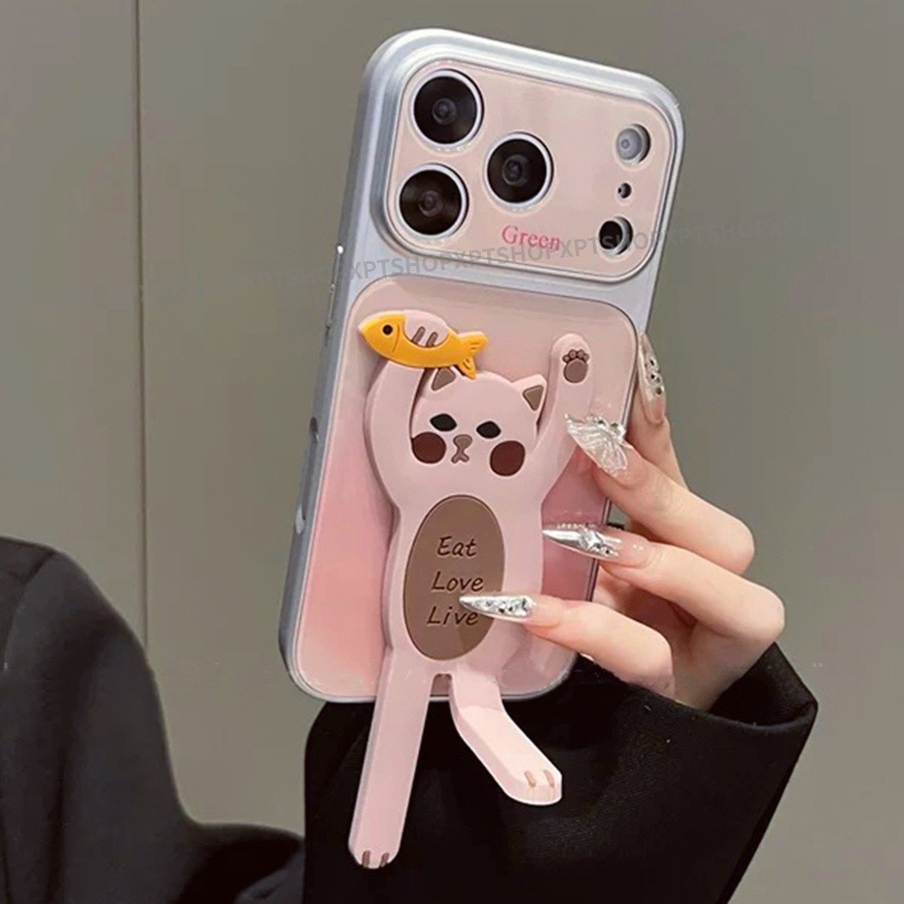 3D Silicone Mèo Giá Đỡ Mạ Acrylic Ốp Lưng Điện Thoại Cho iPhone 17 Pro Max 16 15 14 13 Vỏ Bảo Vệ Chống Sốc