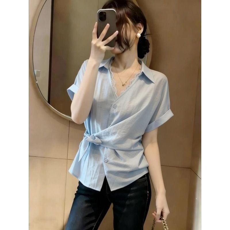 Áo sơ mi ngắn tay cổ chữ V viền ren dành cho nữ, áo sơ mi thời trang mới mùa hè dành cho nữ
