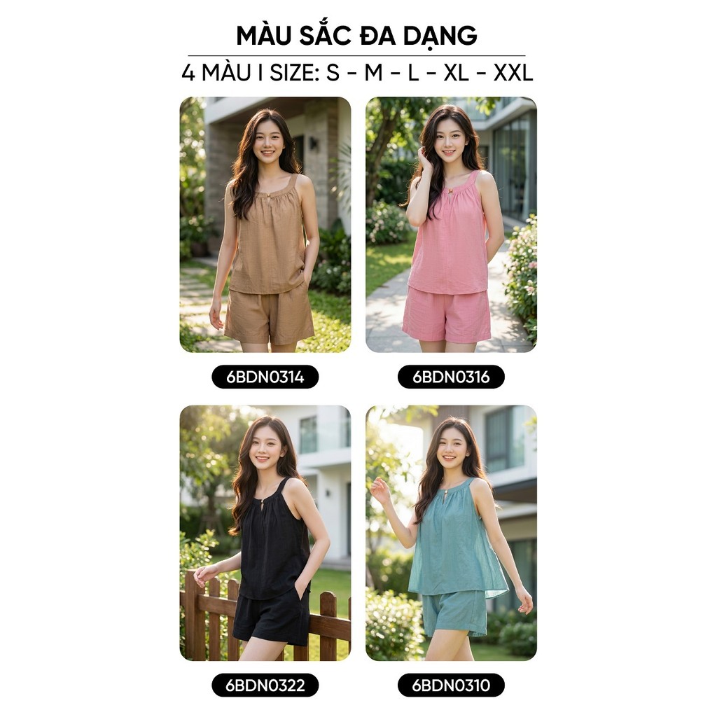 Bộ đồ mặc nhà nữ CARDINA chất liệu đũi bambo sát nách cổ yếm thêm trang trí hạt và quần đùi  6BDN03