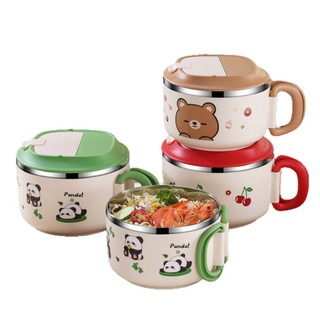 Bát mì ăn liền bằng thép không gỉ Lemei 304 Ký túc xá sinh viên Hoạt hình Cốc mì ăn liền dung tích lớn Tay cầm có thể gập lại Bát súp có nắp EI1I