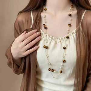 Phong Cách Cung Điện Ngọc Trai Hổ Mắt Đá Đính Hạt Vòng Cổ Xếp Chồng Nữ Mới Phong Cách Trung Hoa Cao Cấp Áo Len Hai Lớp Dây Chuyền Vòng Cổ