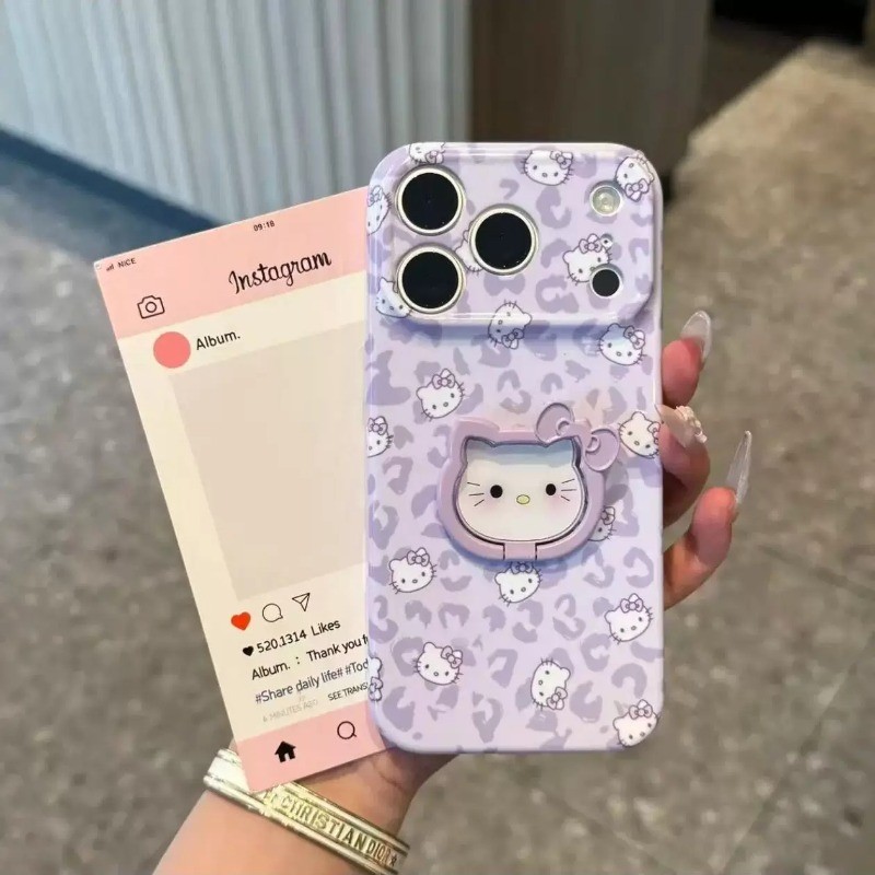 Ốp lưng iPhone Sweet Cool họa tiết da báo Hello Kitty có giá đỡ điện thoại IP - 11/12/13/14/15/16/17/Plus/Air/Pro/Max