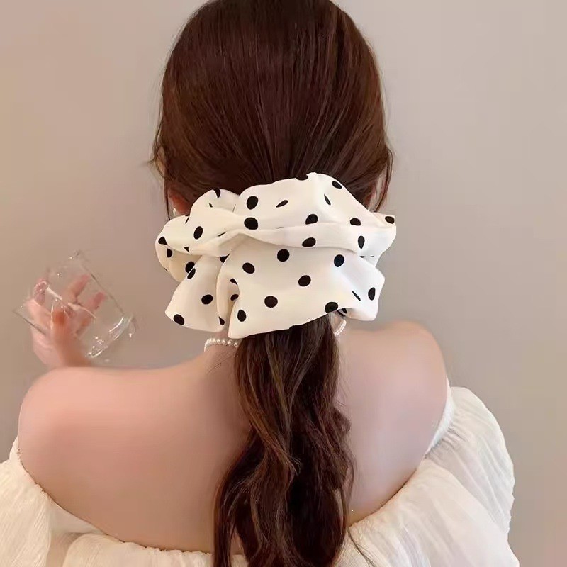 Cà vạt Satin chấm bi đen trắng cổ điển, Dây buộc tóc lớn mềm mại cho kiểu tóc hàng ngày thanh lịch