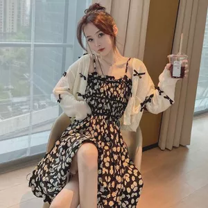 Mùa Hè Phong Cách Mới Kích Thước Lớn Áo Cardigan Mỏng Sling Đầm Hai Mảnh Phù Hợp Với Béo mm Bao Bụng Ôm Hơn Nhìn Hoa Pháp Đầm