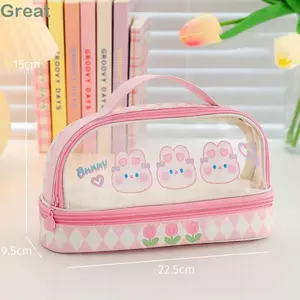 Bút chì thỏ Kawaii TUYỆT VỜI, Hộp bút chì di động hoạt hình PVC Bunnys màu hồng, Túi đựng bút dây kéo 22,5 * 15 * 9,5cm Túi đựng bút chì Kawaii cỡ lớn để làm quà tặng