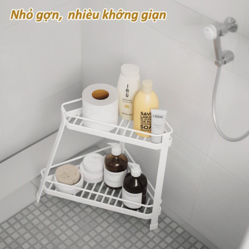 kệ góc nhà tắm 2 tầng tam giác đặt sàn chống gỉ thoát nước đựng dầu gội gia vị tiết kiệm