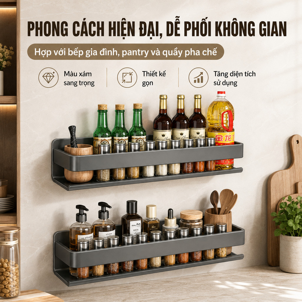 Kệ Gia Vị Nhà Bếp Thép Carbon - Đa Năng, Lắp Dán/Khoan Tường, Chịu Lực Tốt, Không Gỉ