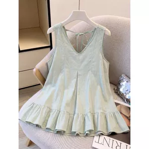 Áo yếm cổ chữ V màu xanh lá cây bạc hà cỡ lớn, Áo sơ mi trẻ em không tay phong cách mới mùa hè Áo phồng