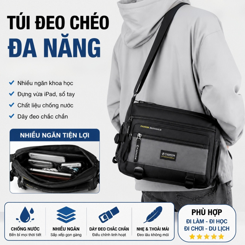 Túi đeo chéo nhiều ngăn bằng vải Oxford dành cho nam, Thiết kế thời trang, Chống thấm nước, Dung tích lớn