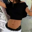 MAPLEPOET-Áo Crop top nữ màu trơn lệch vai cổ thuyền co thắt lưng