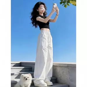 Quần khô nhanh chống nắng màu trắng nhẹ mùa hè dành cho nữ Quần ống rộng mỏng che thịt thon gọn hơn Nhìn thể thao eo cao tổng thể