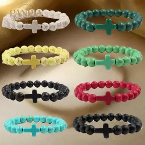 PNPIA- Nam Đá Tự Nhiên Đính Hạt Đàn Hồi Chữ Thập Vòng Tay Thiền Dây Đeo Tay Nữ Yoga Trang Sức Quà Tặng