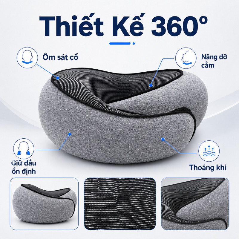 Gối Cao Su Non  Cao Cấp - Thiết Kế Công Thái Học, Hỗ Trợ 360° Bảo Vệ Cột Sống Cổ, Hoàn Hảo Cho Du Lịch & Làm Việc
