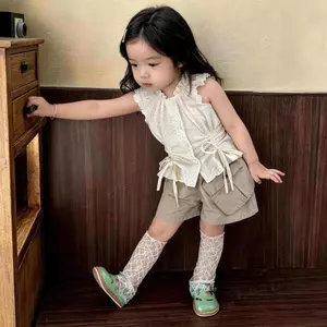 Áo sơ mi bé gái Mori Style Chấm bi ren dây rút Áo không tay + Quần