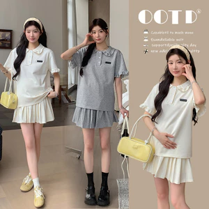 Bộ đồ bà bầu Tay ngắn có ve áo mùa hè + Váy xếp ly thông thường Bộ đồ hai mảnh